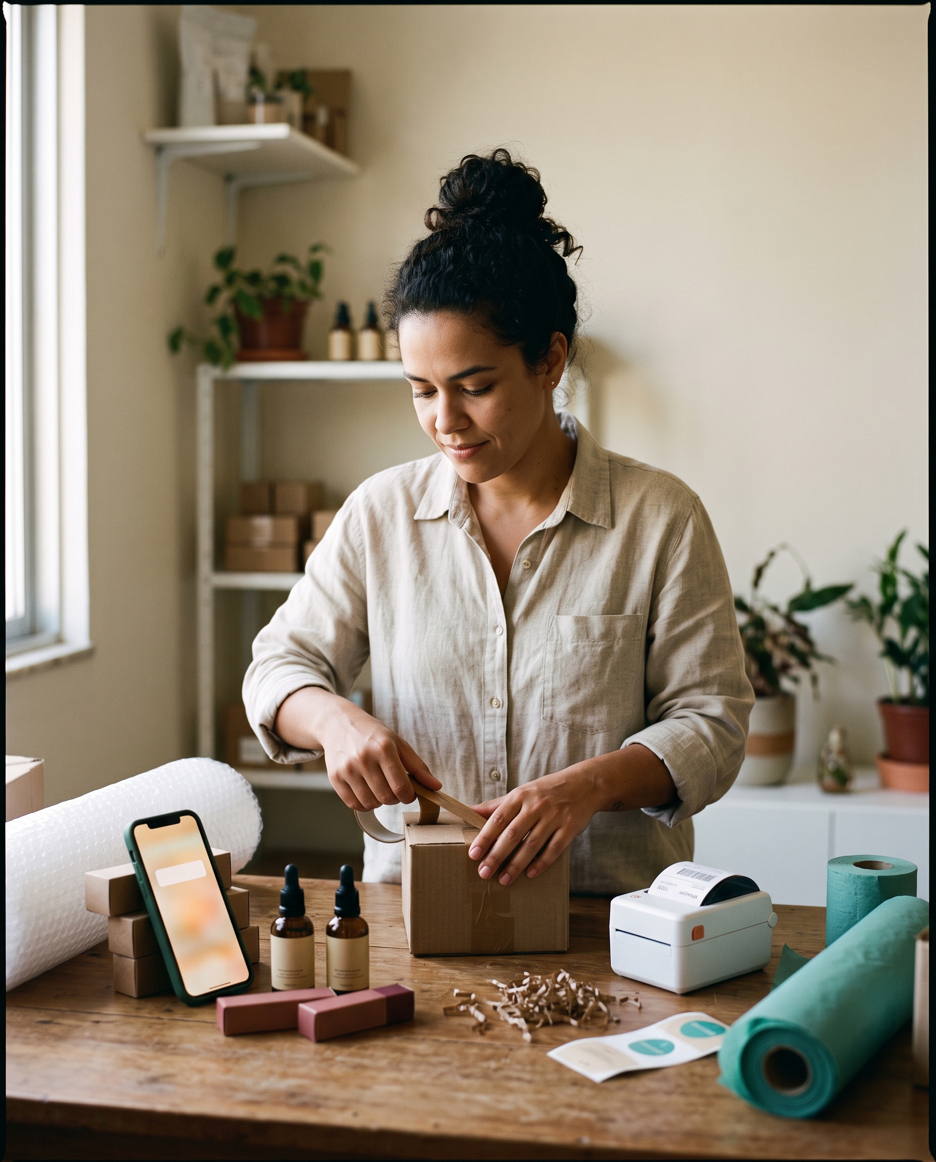 Lojista embalando pedido pra envio, com etiqueta e produtos na mesa